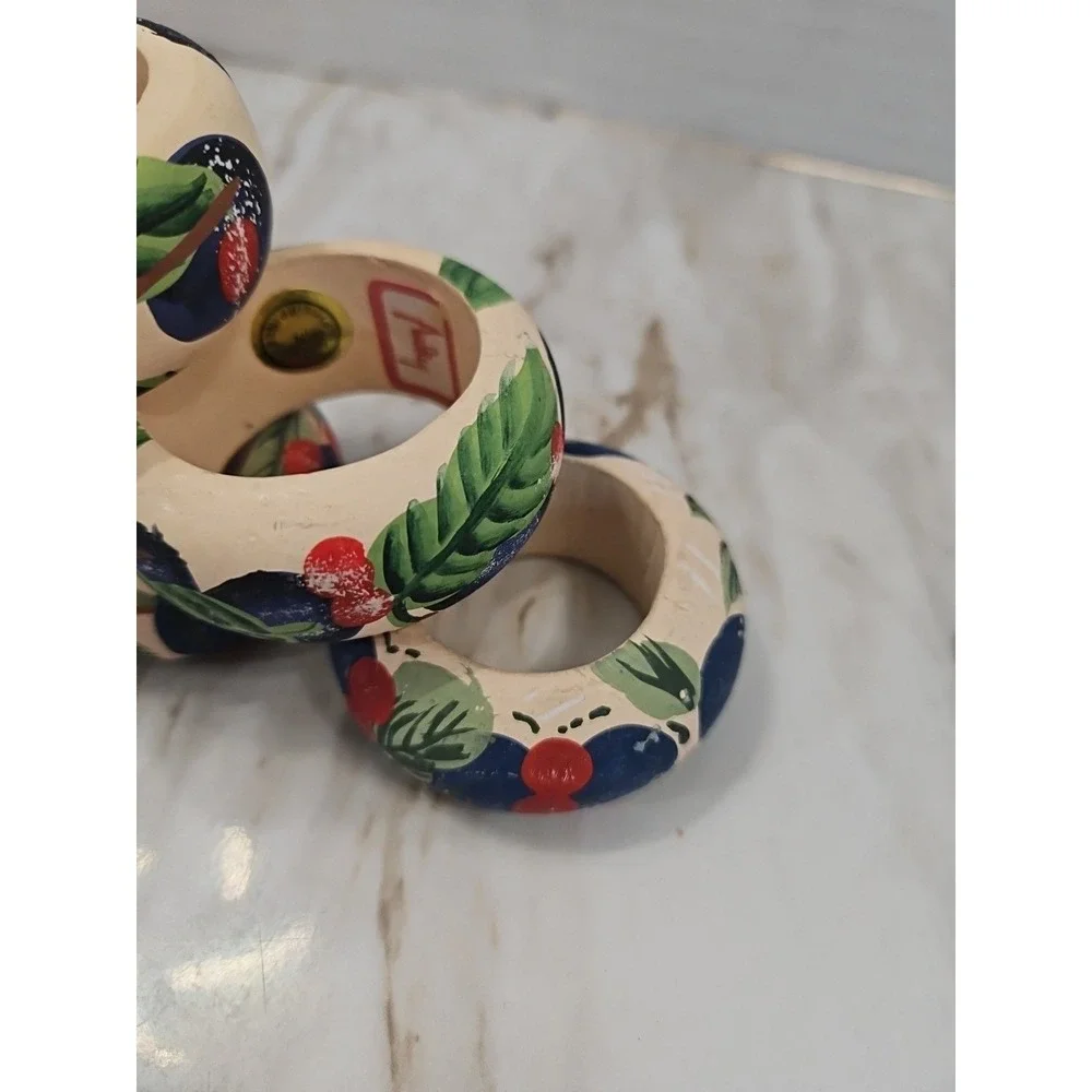 Audrey Brand Wooden Handpainted Napkin Rings Made Philippines Cherry Blueberries